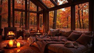 Cozy Autumn Cabin Ambience in the Woods  Jazz Music & Fireplace Sounds for Peaceful Sleep