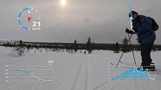 Saariselkä Ahopäät.  Pitkä laskettelu murtomaasuksilla. GPS nopeustiedot