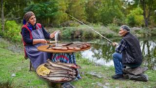 Fried Fish with Green Onions! Relaxing Family Picnic in the Mountains