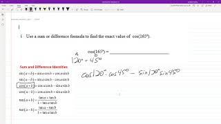 Use a sum or difference formula to find the exact value of cos(165 degrees)