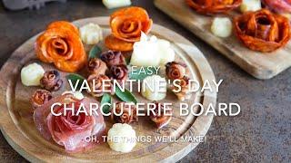 Easy Valentine's Day Charcuterie Board with Hearts and Flowers