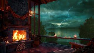 Thunderstorm with Lightning for Sleeping | Rain Sounds and Fireplace Crackling