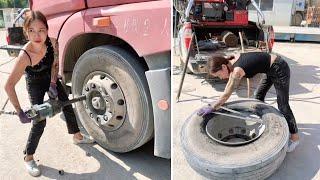 Female Mechanic Yujie Skill and Strength While Replacing Heavy Truck Tires