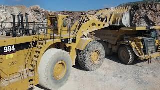 Drone View of Power: Cat 994 Wheel Loader & 345B Excavator Working On Quarry - Samaras Mining Works