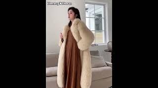 Denny&Dora Winter Women Overcoat Whole Skin Genuine Fox Fur Coats With Fur Collar Beige Woman Coats