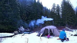 Winter Snow Camping with my Dog by a River - My Best Beef Chili & Cozy Hot Tent ASMR