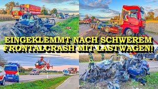 [MASSIVE ZERSTÖRUNG nach FRONTALCRASH mit LASTWAGEN] - JUNGER MANN EINGEKLEMMT - | FEUERWEHR | KEHL