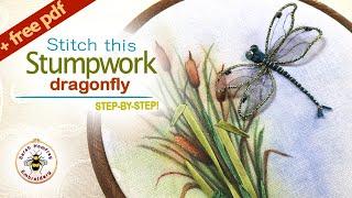 Raised embroidery/stumpwork dragonfly project - stitch along with me step by step!