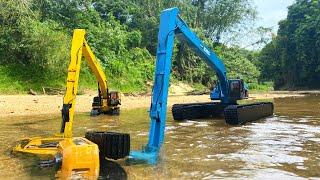 Story Line : Kobelco Amphibious Saving The Huina 1550 Stuck In Water