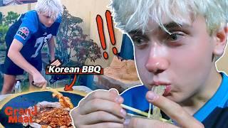 Logan cooks pork belly on pot lid  Another bucket list checked!ㅣGRAND MAAT EP.4