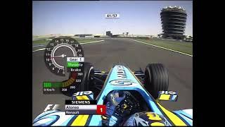 Fernando Alonso in his Renault R25 at the 2005 Bahrain GP | With Telemetry