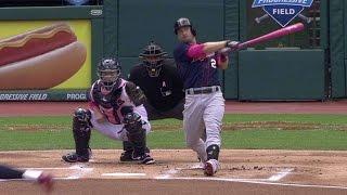 MIN@CLE: Dozier homers with pink bat to lead off game