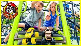 MONSTER TRUCKS PLAY AT THE PARK  EL TORO LOCO'S MAGIC SURPRISE EGG (T-REX HELPS FIND SPARKLE SMASH)