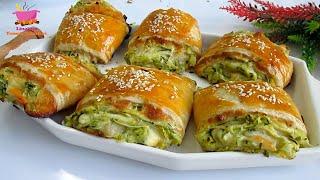 Make puff pastry at home and decorate with zucchini. Simple and delicious recipe.