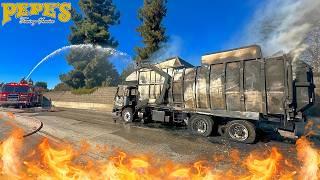 Fully Burned Trash Truck Gets Towed while ON FIRE still