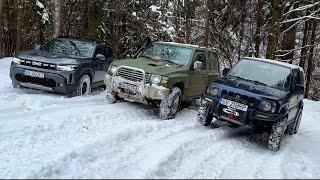 Dacia Duster 2024 Snow Off Road vs Mitsubishi Pajero vs Suzuki Jimny