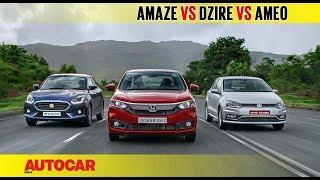 Honda Amaze vs Maruti Dzire vs VW Ameo | Diesel Auto Comparison Test | Autocar India