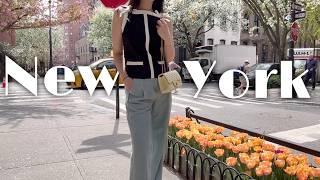 Unboxing dresses I like (for spring summer) vlog of New York cafe shop street full of flowers in NYC