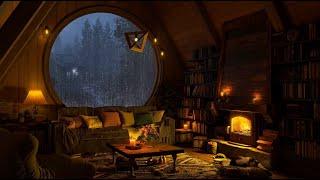 Feeling Rainy Day at Cozy Reading Nook Ambience with Smooth Jazz Music, Rain & Fireplace Sounds ️