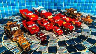 Disney Pixar Cars falling into deep pool, Lightning McQueen, Tow Mater, Mack, Sally, Francesco