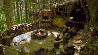 Relaxing ASMR Bushcraft Shelter Cooking, Stone-Grilled Saucy Meat, Swimming with Dogs in the Sea