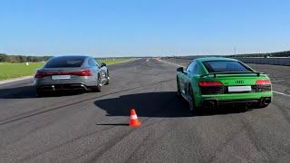 Audi R8 V10 vs. Audi RS e-tron GT performance 2025 in acceleration 0-100 km/h. Drag race. Track