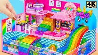 Building Aquarium around Pink House With Rainbow Unicorn Slide from Cardboard | DIY Miniature House