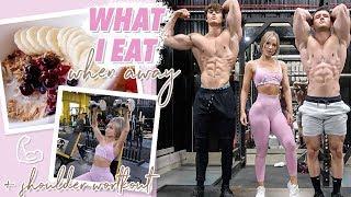 WHAT I EAT WHEN I TRAVEL + INTENSE SHOULDER WORKOUT  | Reuniting w/ friends ft David, James & Nikki