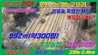 [매물번호375]주말농장,농막,전원주택지  포천 고모리 300평 매매 / 지하수/전기 / 광릉숲 죽엽산 자락 계곡낀 토지 / 매매가 3.6억 /평단가120만원