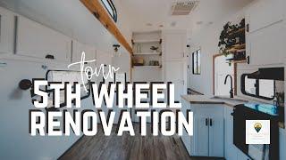 Tour this beautiful 5th wheel renovation we flipped for a family of 3!