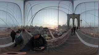 Sunset near Statue of Liberty - view from Brooklyn Bridge Dec 2019 360° video