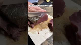 Cutting deer steaks with the oldest Longshore boy… “Please smell through the camera”