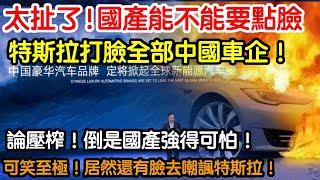 太扯了！小粉紅！國產還能要點臉嗎！論丟人！誰還比的過你們啊！可笑至極！居然還有臉去噴特斯拉！人家三電！機車哪一點不比國產強！論壓榨！倒是國產強得可怕！能不能別自嗨了！正視國際差距吧！