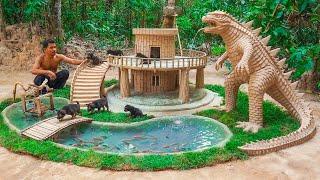 Build Godzilla And fish pond around Dog House