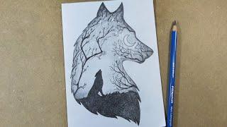 How to draw Scenery of Moonlight Wolf step by step | Hihi Pencil