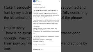 jungkook wrote a post on weverse about apologize to army's about wearing cap on rehearsal  #bts #jk
