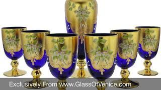 Murano Glass Decanter Set With Six Wine Glasses 24K Gold Leaf   Blue