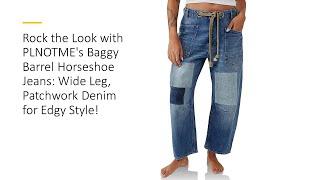 Rock the Look with PLNOTME's Baggy Barrel Horseshoe Jeans: Wide Leg, Patchwork Denim for Edgy Style!
