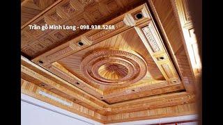 Thi công trần gỗ gõ đỏ đẹp năm 2023 , trần gỗ giật cấp đẹp , trần gỗ Minh Long