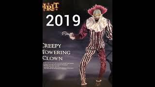 Evolution of creepy towering clown box sold at spirit halloween.