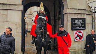 RUDE IDIOTS TOUCH THE HORSE AND THEN GET SCHOOLED BY THE OTHER GUARD at Horse Guards!