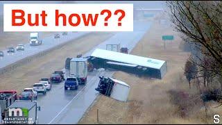 6 Semi-Trucks rollover in 40 seconds