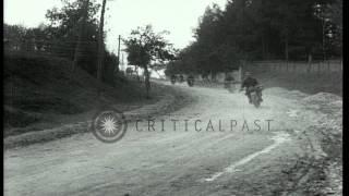 Several soldiers of U.S. 128th Field Artillery enter town on motorcycles,Courouvr...HD Stock Footage