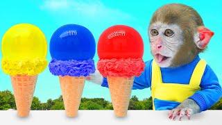 BiBi Monkey eat jelly fruit ice cream and naughty with ducklings in the swimming pool