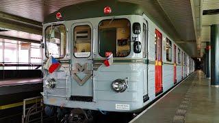 Prague Metro 2024. Retro train Ečs. Journey on line C