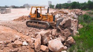 Incredible! KOMATSU Bulldozers Show Skill Pushing Big Stones Filling Up Large Area With Dump Trucks