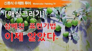 [매실그리기]삼베천 표현기법 이제 알았다.watercolor painting TV foundation 水彩画, 水彩畫, Aquarelle, акварельный