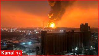 Massive explosion and fire occurred at an oil refinery after Ukrainian drones attacked Bryansk