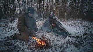 Solo Bushcraft Overnight In A Winter Storm, Sub-Zero Temps, Forester Shelter