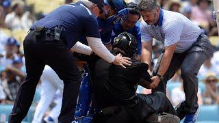 Ump Hit By Foul, Leaves Game - Home plate umpire Kerwin Danley took a foul tip from